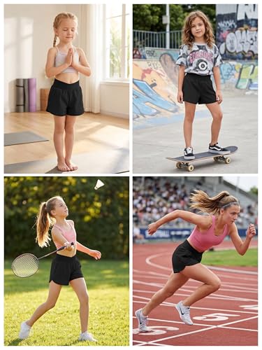 Girls High Waisted Athletic Shorts with Zipper Pockets - Black, 13-14 Years