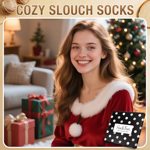 Women's Chunky Wool Slouch Socks - Scrunch Stacked Long Socks - Black Medium