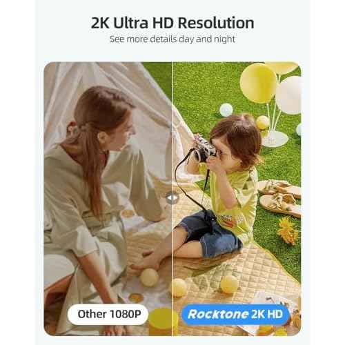 Rocktone Solar Security Cameras Wireless Outdoor, 2K Battery Powered WiFi Cameras for Home Security with AI Motion Detection, Color Night Vision, 2-Way Talk, Siren Alarm, IP66, Cloud/SD Storage