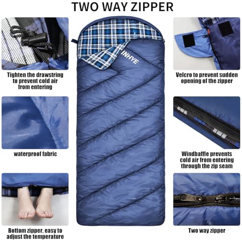 Blue Kids Sleeping Bag for Cold Weather - Lightweight Waterproof Flannel Camping Bag for Youth 10-12 Years