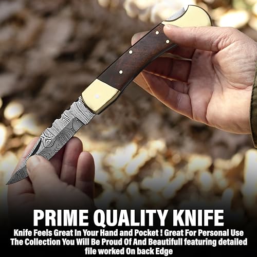 Bodacious Knives Damascus Folding Pocket Knife with Walnut Wood Handle and Sheath