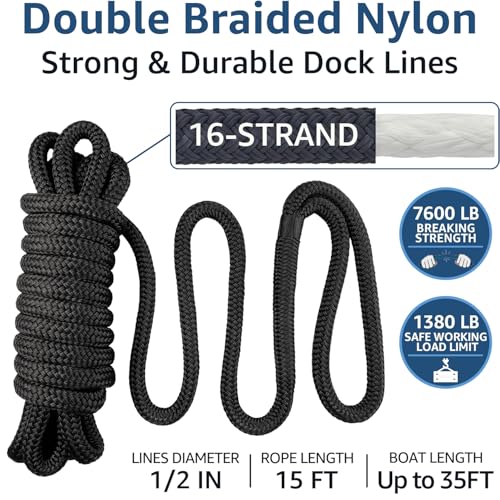 Boat Dock Lines 1/2" x 15' - Double Braided Nylon, 4 Pack