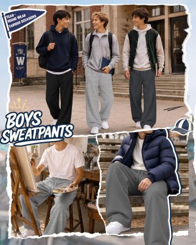 YooAurvox Boys Wide Leg Sweatpants 14-16 Years Black & Gray - Casual Athletic Pants for Active Kids