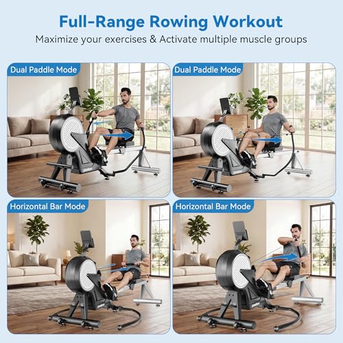Dual Scull Rowing Machine - Wind & Magnetic Resistance, 14 Levels, Grayish-White