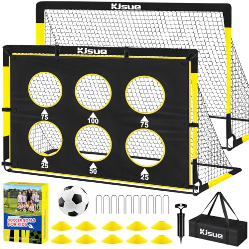 Kids Soccer Goal Set - 2 Portable 6x4 ft Goals with Ball & Targets - Black & Yellow