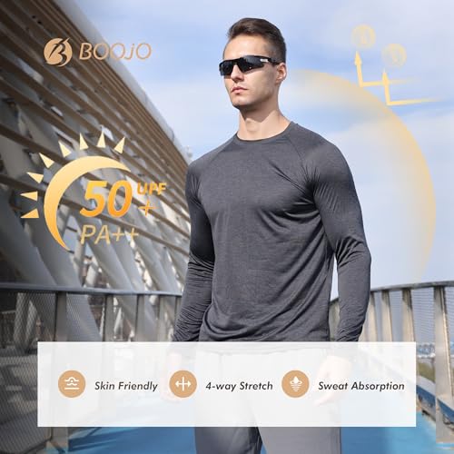 BOOJO 4 Pack Long Sleeve Performance T-Shirts for Men – Quick Dry, Moisture Wicking (Small, 4-Color Heather Black/Dark Grey/Navy/White)