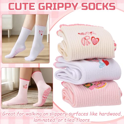 Non-Slip Yoga & Pilates Socks for Women - Embroidered Pink Afternoon Tea, 3 Pair