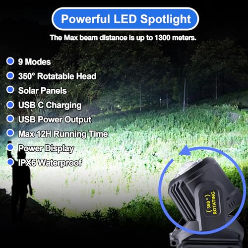 Spotlight Outdoor Rechargeable Flashlight High Lumen 2,000,000L, 9 Modes 350¡Æ Rotatable Super Bright Led Spot Lights Handheld with Solar Powered & USB C, Long Lasting Battery, Waterproof for Emergency