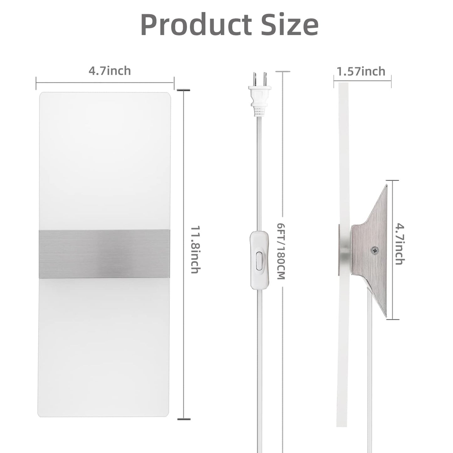 KICAAO Wall Sconces, Modern Wall Sconce Plug in 10W 6000K Cool White Acrylic Wall Lights with 6FT/180cm Plug in Cord and On/Off Switch on The Cord (1 Pack)