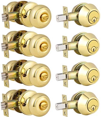Brotima 4 Pack Round Polished Brass Entry Door Knobs and Deadbolt Combination Set, Double Cylinder Deadbolt Door Lock Set, Keyed Alike, ANSI Grade 3 Security, 250,000 Cycles