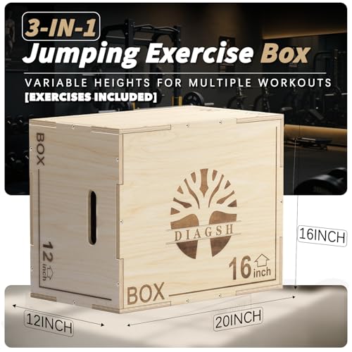 3-in-1 Plyo Box - Wood Jump Platform (20"x16"x12") for Home Gym