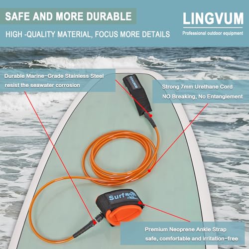 Premium Surfboard Leash - 6 to 10 ft Adjustable, 7mm TPU Cord