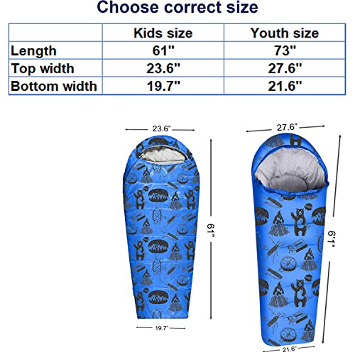 ANJ Outdoors Kid Mummy Sleeping Bag Blue for Kids up to 4'3" - 4 Season Lightweight Backpacking