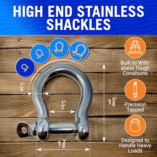 Better Boat 1/4 Inch Marine Grade Stainless Steel D-Ring Shackles - 4 Pack