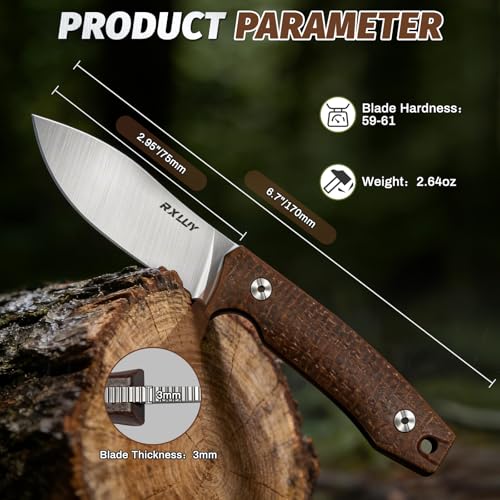 RXLUY Brown Fixed Blade Knife with Kydex Sheath, 2.95" N690Co Steel, Ergonomic Handle
