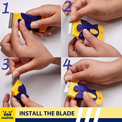 MANUFORE Portable Multi-Purpose Razor Blade Scraper for Cleaning Glass, Stove-top, Window, Floor(2 Scrapers, 5 Plastic Blades, 5 Stainless Steel Blades)