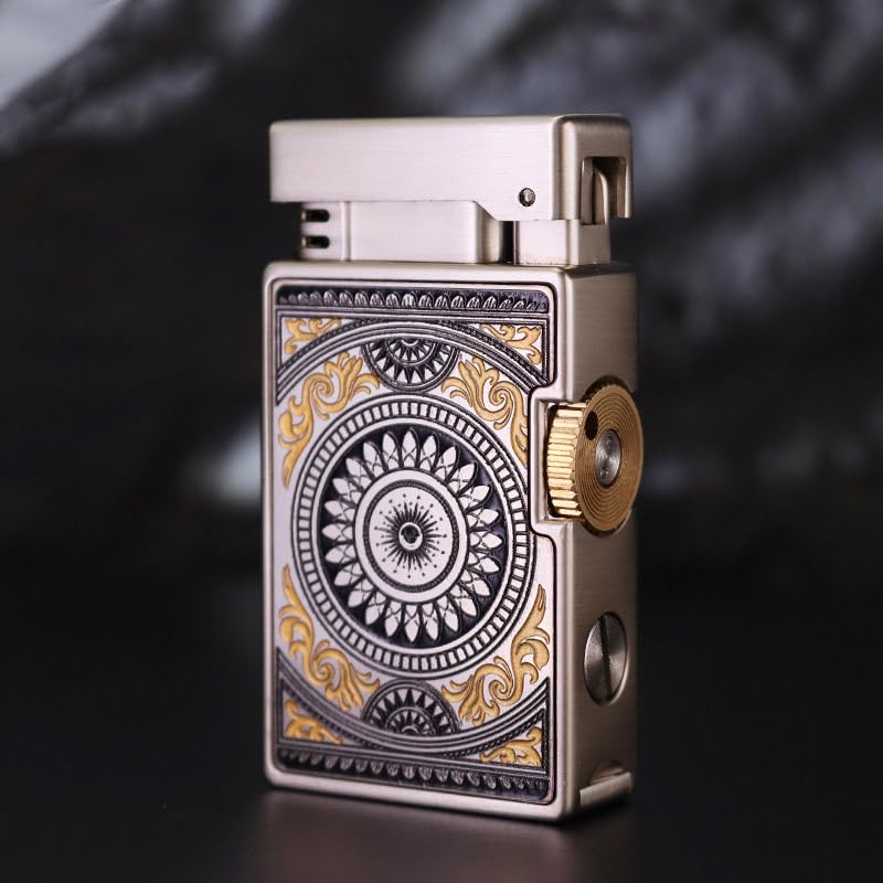 Vintage Metal Lighter, Hand Engraved Sliding Gear Lgnition Soft Flame Lighter for Men Dad Husband Collect (Fuel Not Included) (Silver)