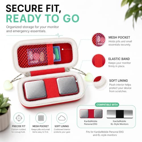 EKG Monitor Case for KardiaMobile 1-Lead, 6L, 6L Max - Red + Pill Box