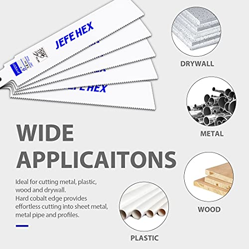 JEFE HEX 5-Piece Reciprocating Saw Blades - 6 Inch 14 TPI Saw Blade Set Bi-Metal Construction with Cobalt for Heavy Duty Metal Cutting and Wood Cutting