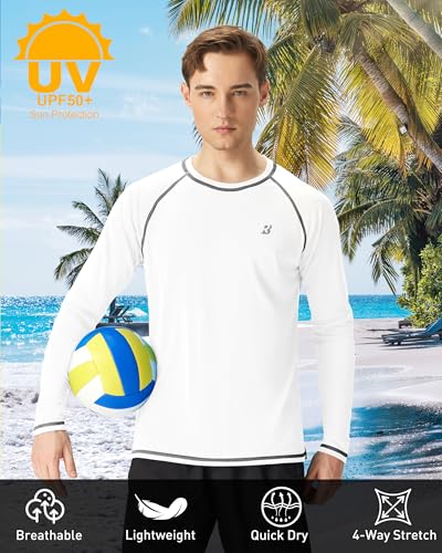 Men's UPF 50+ Long Sleeve Sun Protection Swim Shirt - White, X-Large