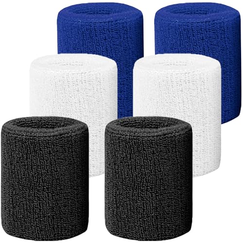 4 Inch Wrist Sweatbands - Absorbent Cotton for Sports - Blue/Black/White - 6 Pack