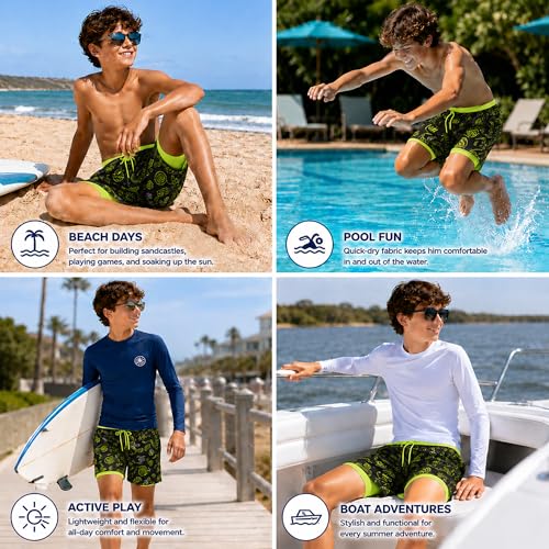 Boys Board Shorts Swim Trunks with Compression Liner - Black Lime Gaming
