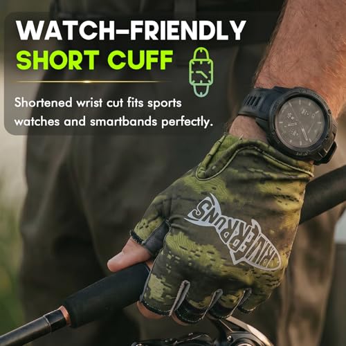 Fingerless Fishing Gloves - Shortened Wrist UPF50+ - Camo Green - Lightweight & Breathable