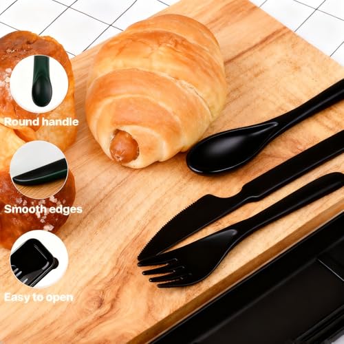 Reusable Travel Utensil Set with Case - Wheat Straw Portable Cutlery - Black