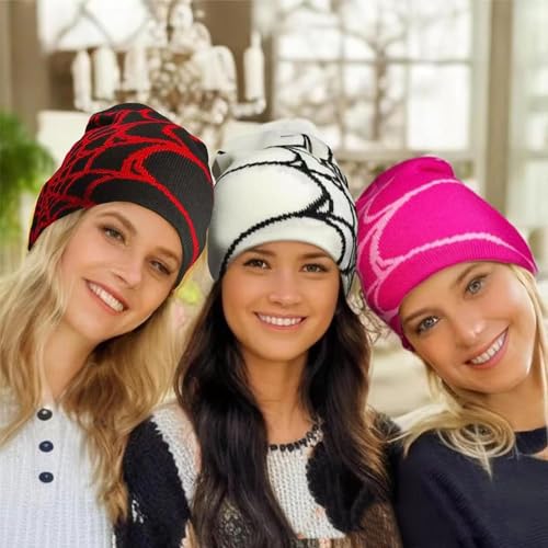 Y2K Spider Beanie Hat - Wool Acrylic Knit Skull Cap - One Size Spider-Black Red