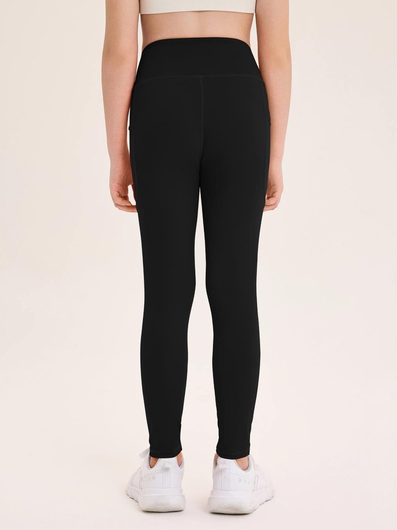 Haloumoning Girls Athletic Leggings Kids Workout High Waisted Stretchy Running Yoga Pants with Pockets 5-14 Years Black