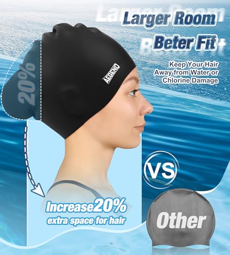 Long Hair Swim Cap - Durable Silicone Swim Hat for Women & Men - 1 Pack - Black