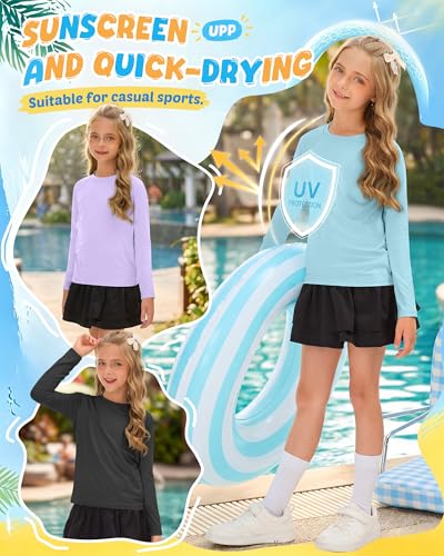 Girls' Long Sleeve Sun Shirts - 3 Pack Rash Guard 13-14Y Black, Light Blue, Light Purple