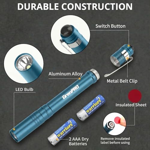 GRENPRO Blue LED Pen Light 4 Pack with Batteries - Mini Aluminum Flashlights for Inspection, Nurses, Everyday Carry