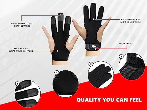 Genuine Leather 3 Finger Archery Glove - Black 4-Way Stretch Fabric, Medium