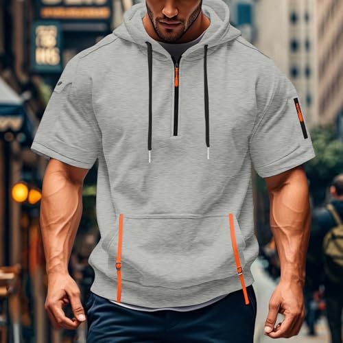 Men's Half Zip Hoodie - Summer Short Sleeve Sweatshirt - Medium Light Gray