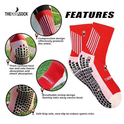 Kids Soccer Grip Socks - Anti-Slip Performance Socks, Red, 4-Pack