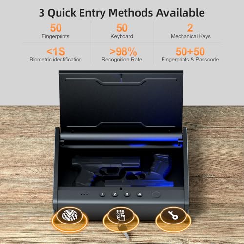 Biometric Fingerprint Handgun Safe with Backlit Keypad & Interior Light