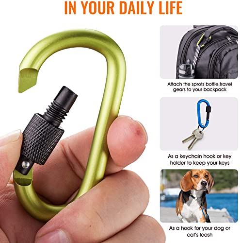 10 Pack Carabiner Clips with Screw Gate - Aluminum Hiking Clips