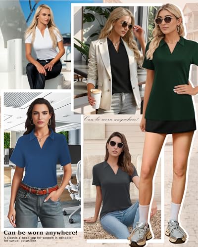 V-Neck Business Casual Polo Shirt for Women - Black, XXL