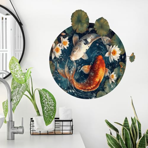 Yin Yang Koi Fish Wall Decals Removable Round Zen-Inspired Lotus Vinyl Stickers for Nursery Kids Bedroom and Playroom Decor Peel and Stick Chinese Style Wall Art