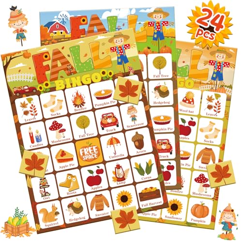 Fall Bingo Games Set for Kids & Adults - 24 Player Cards