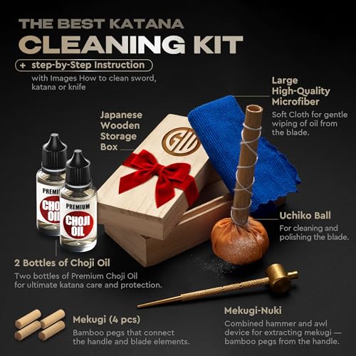 Good Worker Sword Katana Cleaning Kit Large - 2 Choji Oil, Uchiko Ball, Brass Hammer, 4 Mekugi, Wooden Storage Box