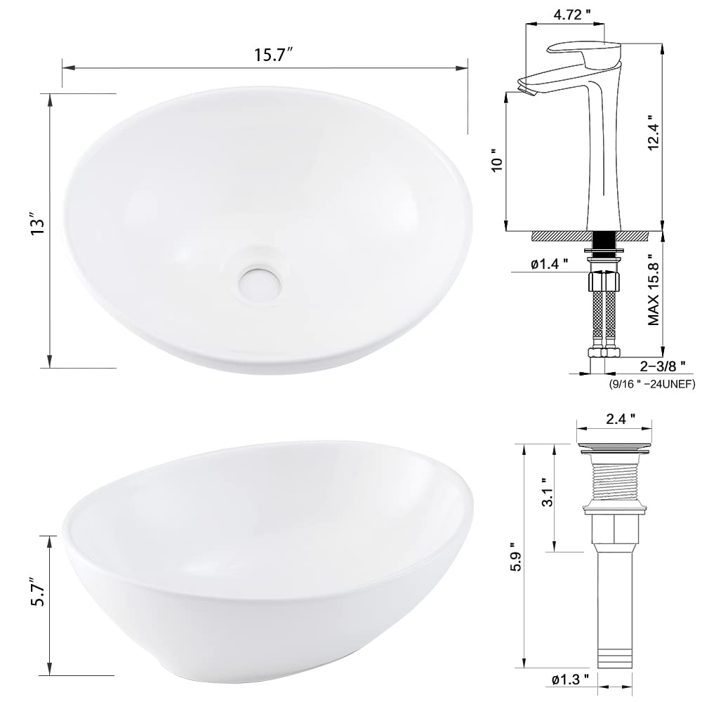 Oval Vessel Sink with Faucet and Drain Combo -Bokaiya 16x13 White Bathroom Sink Above Counter Oval Sink Porcelain Ceramic Vessel Sink Art Basin