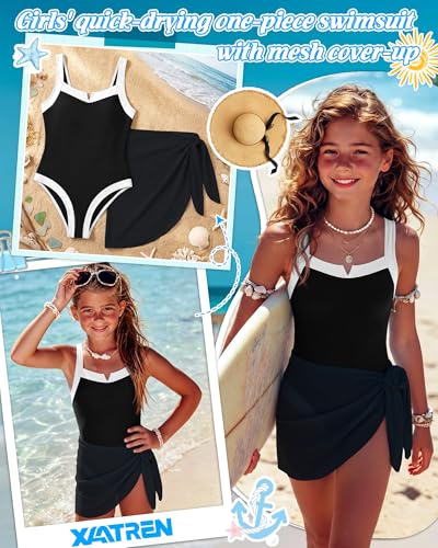Girls One Piece Swimsuit with Skirt - Black, 15-16 Years