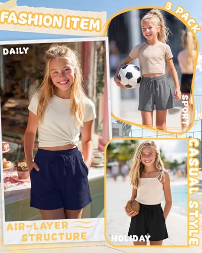 3 Pack Girls Athletic Shorts - Navy Blue, Dark Gray, Black