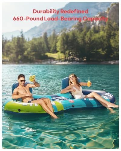 QPAU Dark Blue Inflatable Double River Tube 2 Person 660lb Capacity Heavy Duty