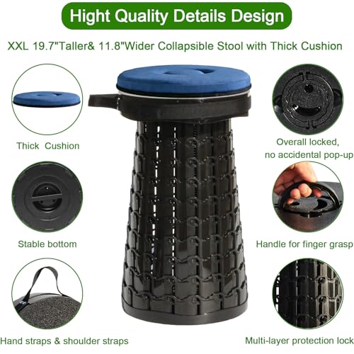PLOGGING 2026 XXL Collapsible Stool with Thick Cushion – 19.7in Height, 1000lb Load Capacity, Black