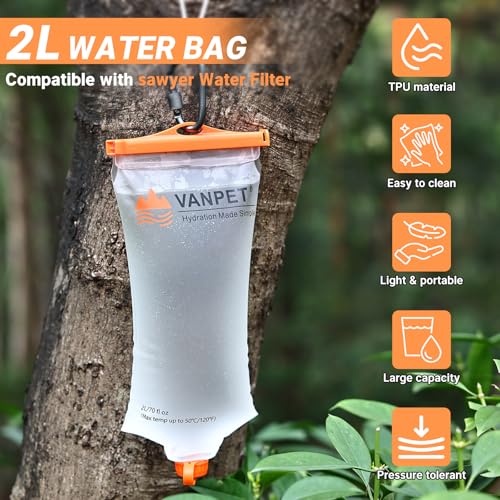VANPET 2L Collapsible Water Bag for Outdoor Water Filters, Durable TPU, BPA-Free, Camping & Hiking