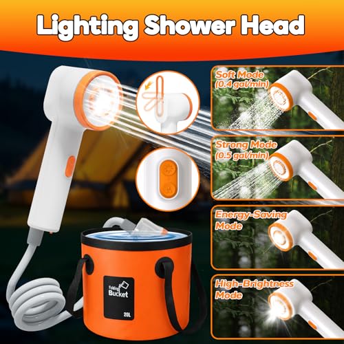 Rechargeable Portable Shower Head with 5.3 Gal Foldable Bag - USB-C LED Camp Shower, Car Wash & Pet Bathing (Orange)