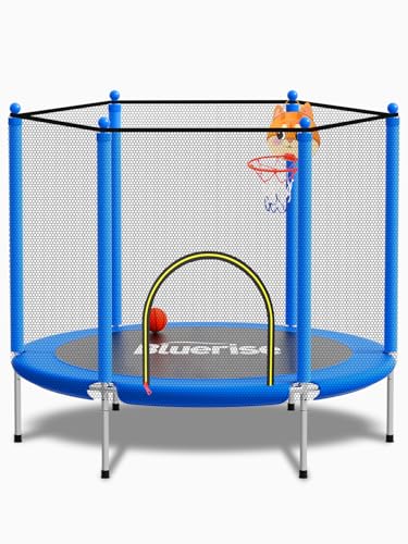 55IN Kids Trampoline with Enclosure, Basketball Hoop & Swing - Blue
